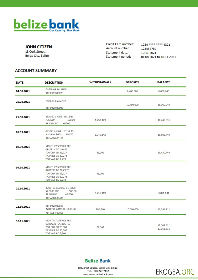 Relevé bancaire du Belize template Relevé bancaire du Belize template